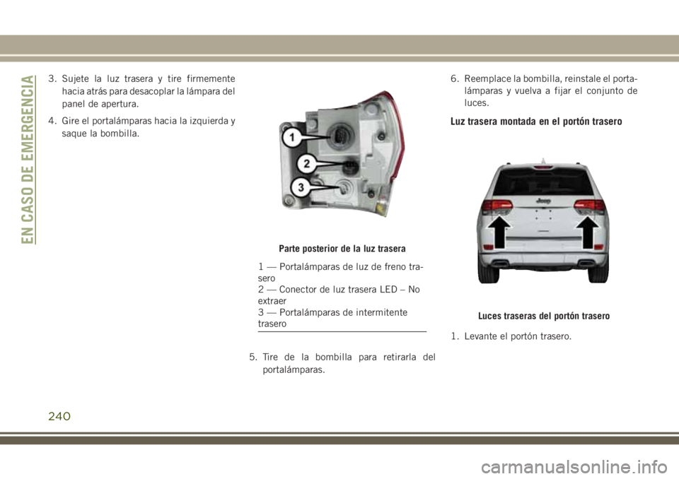 JEEP GRAND CHEROKEE 2018  Manual de Empleo y Cuidado (in Spanish) 3. Sujete la luz trasera y tire firmemente
hacia atrás para desacoplar la lámpara del
panel de apertura.
4. Gire el portalámparas hacia la izquierda y
saque la bombilla.
5. Tire de la bombilla para
