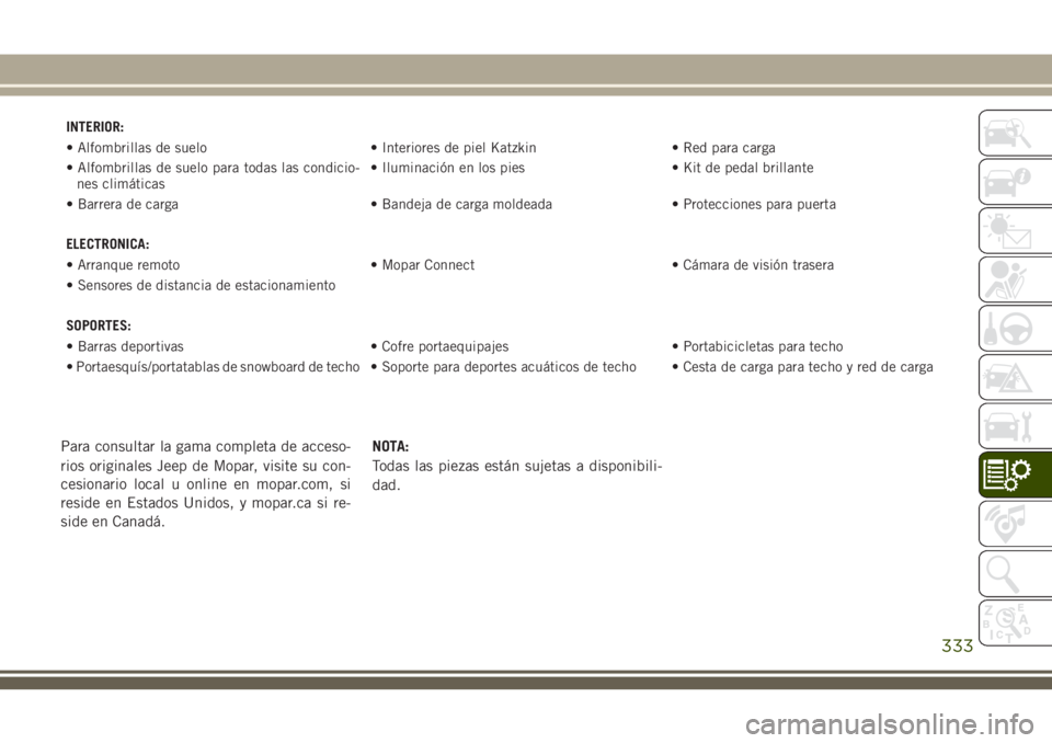 JEEP GRAND CHEROKEE 2018 Manual de Empleo y Cuidado (in Spanish) INTERIOR:
• Alfombrillas de suelo • Interiores de piel Katzkin • Red para carga
• Alfombrillas de suelo para todas las condicio-
nes climáticas• Iluminación en los pies • Kit de pedal br JEEP GRAND CHEROKEE 2018 Manual de Empleo y Cuidado (in Spanish) INTERIOR:
• Alfombrillas de suelo • Interiores de piel Katzkin • Red para carga
• Alfombrillas de suelo para todas las condicio-
nes climáticas• Iluminación en los pies • Kit de pedal br