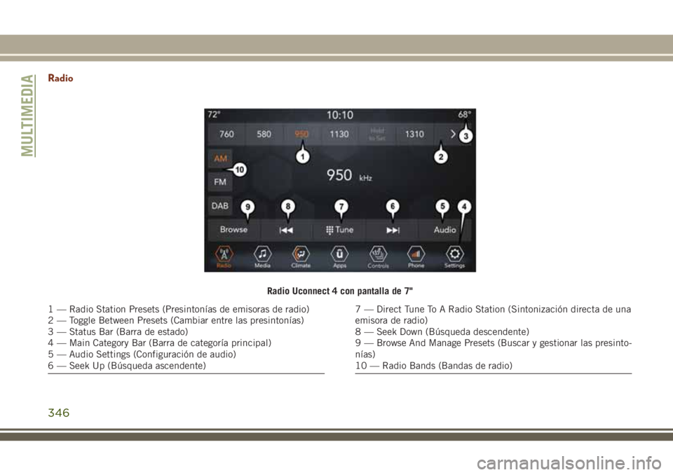 JEEP GRAND CHEROKEE 2018 Manual de Empleo y Cuidado (in Spanish) Radio
Radio Uconnect 4 con pantalla de 7"
1 — Radio Station Presets (Presintonías de emisoras de radio)
2 — Toggle Between Presets (Cambiar entre las presintonías)
3 — Status Bar (Barra de JEEP GRAND CHEROKEE 2018 Manual de Empleo y Cuidado (in Spanish) Radio
Radio Uconnect 4 con pantalla de 7"
1 — Radio Station Presets (Presintonías de emisoras de radio)
2 — Toggle Between Presets (Cambiar entre las presintonías)
3 — Status Bar (Barra de
