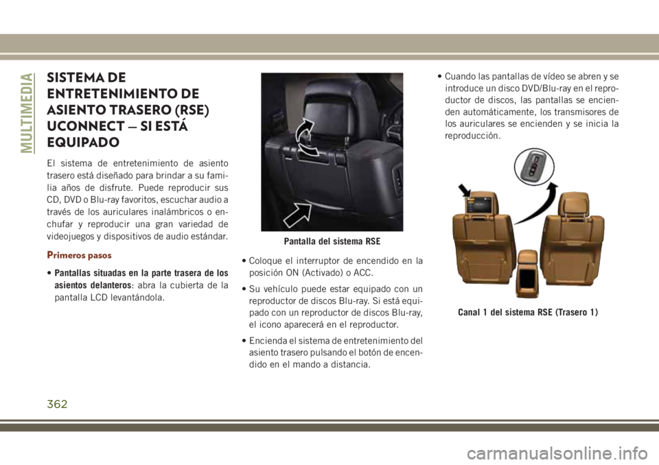 JEEP GRAND CHEROKEE 2018 Manual de Empleo y Cuidado (in Spanish) SISTEMA DE
ENTRETENIMIENTO DE
ASIENTO TRASERO (RSE)
UCONNECT — SI ESTÁ
EQUIPADO
El sistema de entretenimiento de asiento
trasero está diseñado para brindar a su fami-
lia años de disfrute. Puede JEEP GRAND CHEROKEE 2018 Manual de Empleo y Cuidado (in Spanish) SISTEMA DE
ENTRETENIMIENTO DE
ASIENTO TRASERO (RSE)
UCONNECT — SI ESTÁ
EQUIPADO
El sistema de entretenimiento de asiento
trasero está diseñado para brindar a su fami-
lia años de disfrute. Puede