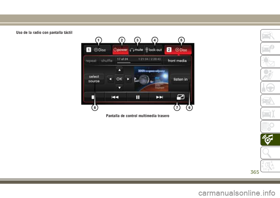 JEEP GRAND CHEROKEE 2018 Manual de Empleo y Cuidado (in Spanish) Uso de la radio con pantalla táctil
Pantalla de control multimedia trasero
365 JEEP GRAND CHEROKEE 2018 Manual de Empleo y Cuidado (in Spanish) Uso de la radio con pantalla táctil
Pantalla de control multimedia trasero
365