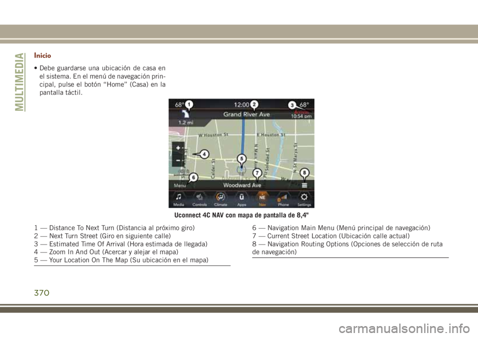JEEP GRAND CHEROKEE 2018 Manual de Empleo y Cuidado (in Spanish) Inicio
• Debe guardarse una ubicación de casa en
el sistema. En el menú de navegación prin-
cipal, pulse el botón “Home” (Casa) en la
pantalla táctil.
Uconnect 4C NAV con mapa de pantalla d JEEP GRAND CHEROKEE 2018 Manual de Empleo y Cuidado (in Spanish) Inicio
• Debe guardarse una ubicación de casa en
el sistema. En el menú de navegación prin-
cipal, pulse el botón “Home” (Casa) en la
pantalla táctil.
Uconnect 4C NAV con mapa de pantalla d