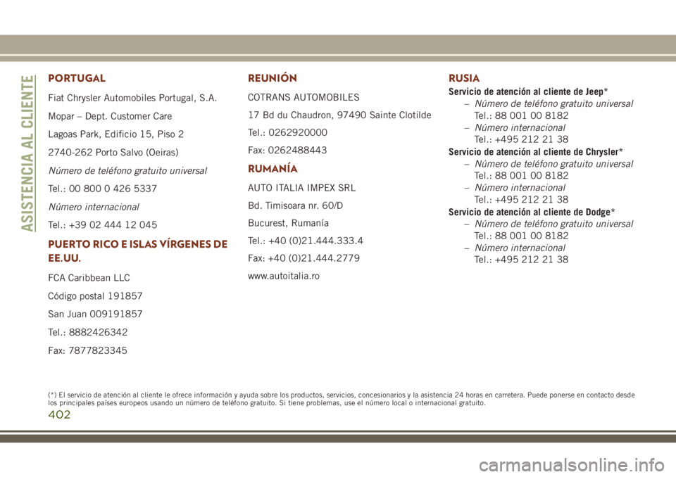 JEEP GRAND CHEROKEE 2018 Manual de Empleo y Cuidado (in Spanish) PORTUGAL
Fiat Chrysler Automobiles Portugal, S.A.
Mopar – Dept. Customer Care
Lagoas Park, Edificio 15, Piso 2
2740-262 Porto Salvo (Oeiras)
Número de teléfono gratuito universal
Tel.: 00 800 0 42 JEEP GRAND CHEROKEE 2018 Manual de Empleo y Cuidado (in Spanish) PORTUGAL
Fiat Chrysler Automobiles Portugal, S.A.
Mopar – Dept. Customer Care
Lagoas Park, Edificio 15, Piso 2
2740-262 Porto Salvo (Oeiras)
Número de teléfono gratuito universal
Tel.: 00 800 0 42