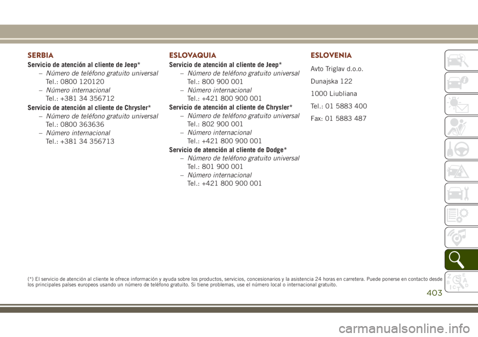JEEP GRAND CHEROKEE 2018 Manual de Empleo y Cuidado (in Spanish) SERBIA
Servicio de atención al cliente de Jeep*
–Número de teléfono gratuito universal
Tel.: 0800 120120
–Número internacional
Tel.: +381 34 356712
Servicio de atención al cliente de Chrysler JEEP GRAND CHEROKEE 2018 Manual de Empleo y Cuidado (in Spanish) SERBIA
Servicio de atención al cliente de Jeep*
–Número de teléfono gratuito universal
Tel.: 0800 120120
–Número internacional
Tel.: +381 34 356712
Servicio de atención al cliente de Chrysler