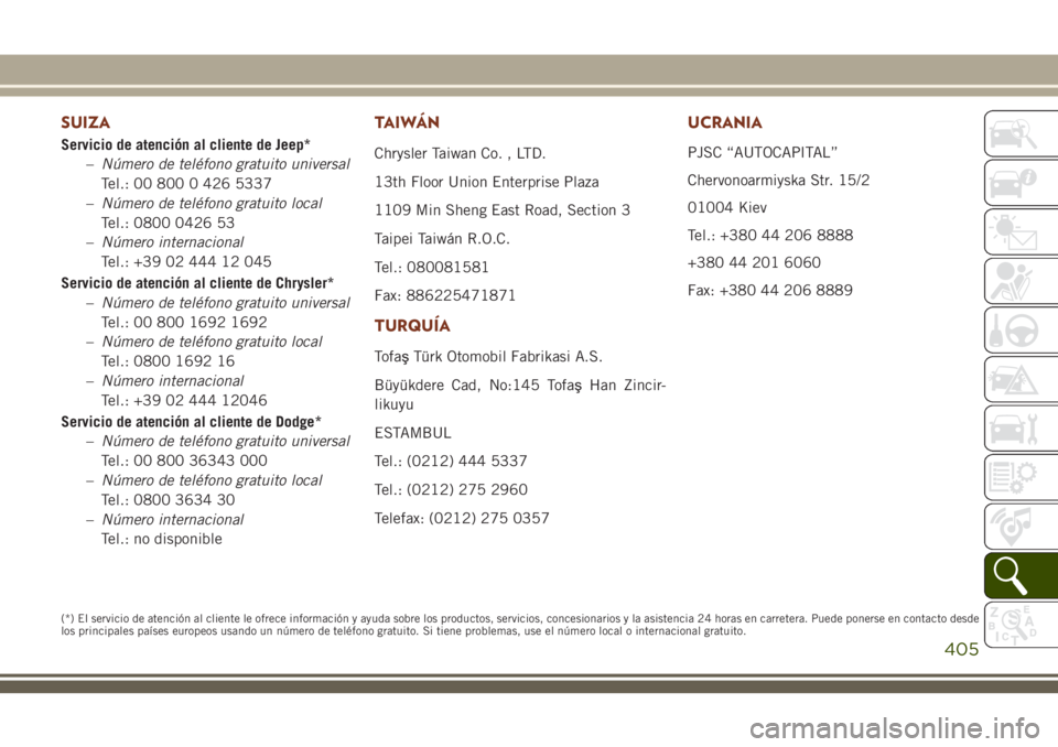 JEEP GRAND CHEROKEE 2018 Manual de Empleo y Cuidado (in Spanish) SUIZA
Servicio de atención al cliente de Jeep*
–Número de teléfono gratuito universal
Tel.: 00 800 0 426 5337
–Número de teléfono gratuito local
Tel.: 0800 0426 53
–Número internacional
Te JEEP GRAND CHEROKEE 2018 Manual de Empleo y Cuidado (in Spanish) SUIZA
Servicio de atención al cliente de Jeep*
–Número de teléfono gratuito universal
Tel.: 00 800 0 426 5337
–Número de teléfono gratuito local
Tel.: 0800 0426 53
–Número internacional
Te