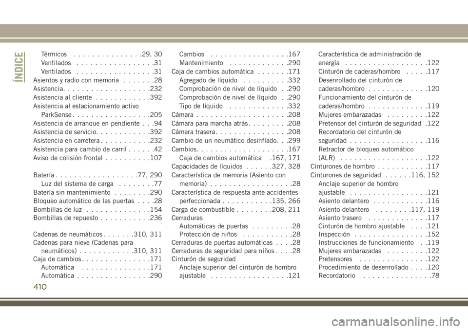 JEEP GRAND CHEROKEE 2018  Manual de Empleo y Cuidado (in Spanish) Térmicos...............29, 30
Ventilados.................31
Ventilados.................31
Asientos y radio con memoria.......28
Asistencia...................232
Asistencia al cliente............392
A