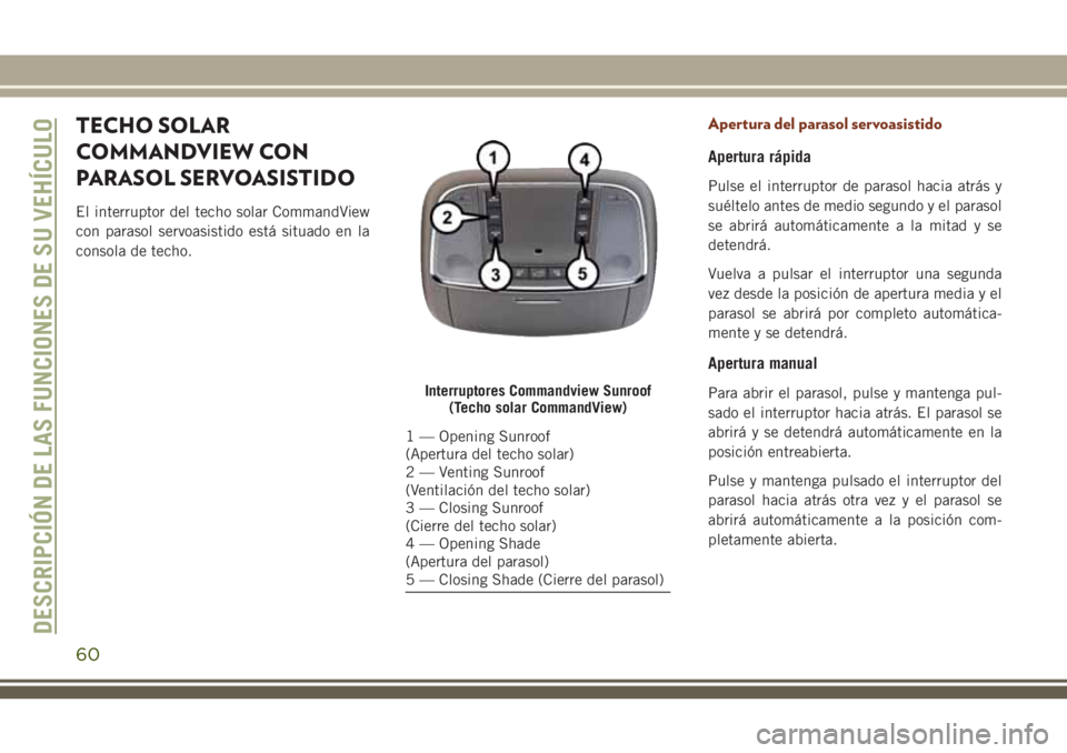 JEEP GRAND CHEROKEE 2018 Manual de Empleo y Cuidado (in Spanish) TECHO SOLAR
COMMANDVIEW CON
PARASOL SERVOASISTIDO
El interruptor del techo solar CommandView
con parasol servoasistido está situado en la
consola de techo.
Apertura del parasol servoasistido
Apertura JEEP GRAND CHEROKEE 2018 Manual de Empleo y Cuidado (in Spanish) TECHO SOLAR
COMMANDVIEW CON
PARASOL SERVOASISTIDO
El interruptor del techo solar CommandView
con parasol servoasistido está situado en la
consola de techo.
Apertura del parasol servoasistido
Apertura