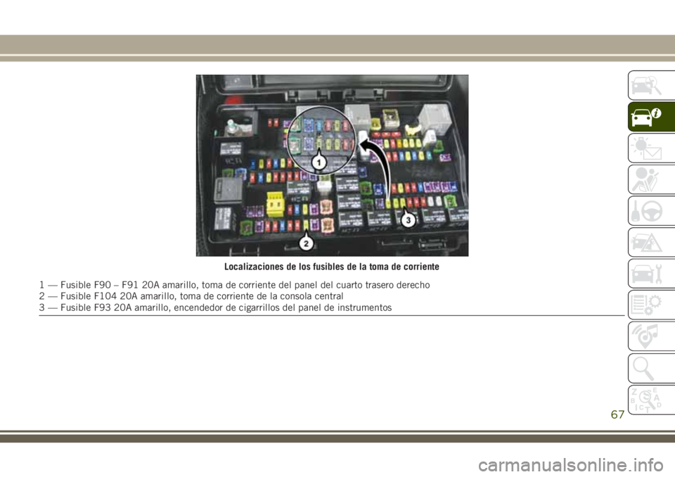 JEEP GRAND CHEROKEE 2018 Manual de Empleo y Cuidado (in Spanish) Localizaciones de los fusibles de la toma de corriente
1 — Fusible F90 – F91 20A amarillo, toma de corriente del panel del cuarto trasero derecho
2 — Fusible F104 20A amarillo, toma de corriente JEEP GRAND CHEROKEE 2018 Manual de Empleo y Cuidado (in Spanish) Localizaciones de los fusibles de la toma de corriente
1 — Fusible F90 – F91 20A amarillo, toma de corriente del panel del cuarto trasero derecho
2 — Fusible F104 20A amarillo, toma de corriente