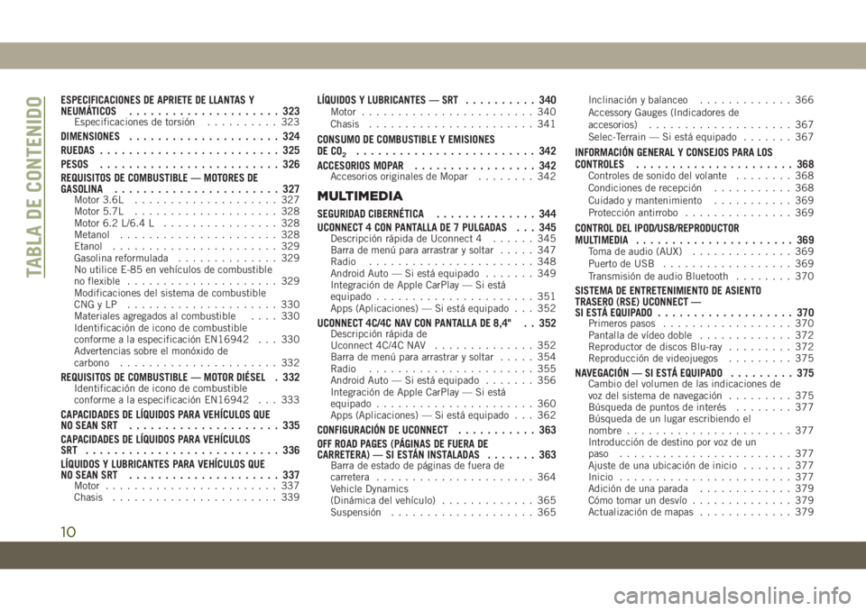 JEEP GRAND CHEROKEE 2020  Manual de Empleo y Cuidado (in Spanish) ESPECIFICACIONES DE APRIETE DE LLANTAS Y
NEUMÁTICOS..................... 323
Especificaciones de torsión.......... 323
DIMENSIONES..................... 324
RUEDAS......................... 325
PESOS.