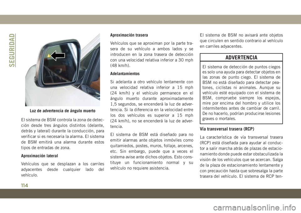 JEEP GRAND CHEROKEE 2021  Manual de Empleo y Cuidado (in Spanish) El sistema de BSM controla la zona de detec-
ción desde tres ángulos distintos (delante,
detrás y lateral) durante la conducción, para
verificar si es necesaria la alarma. El sistema
de BSM emitir