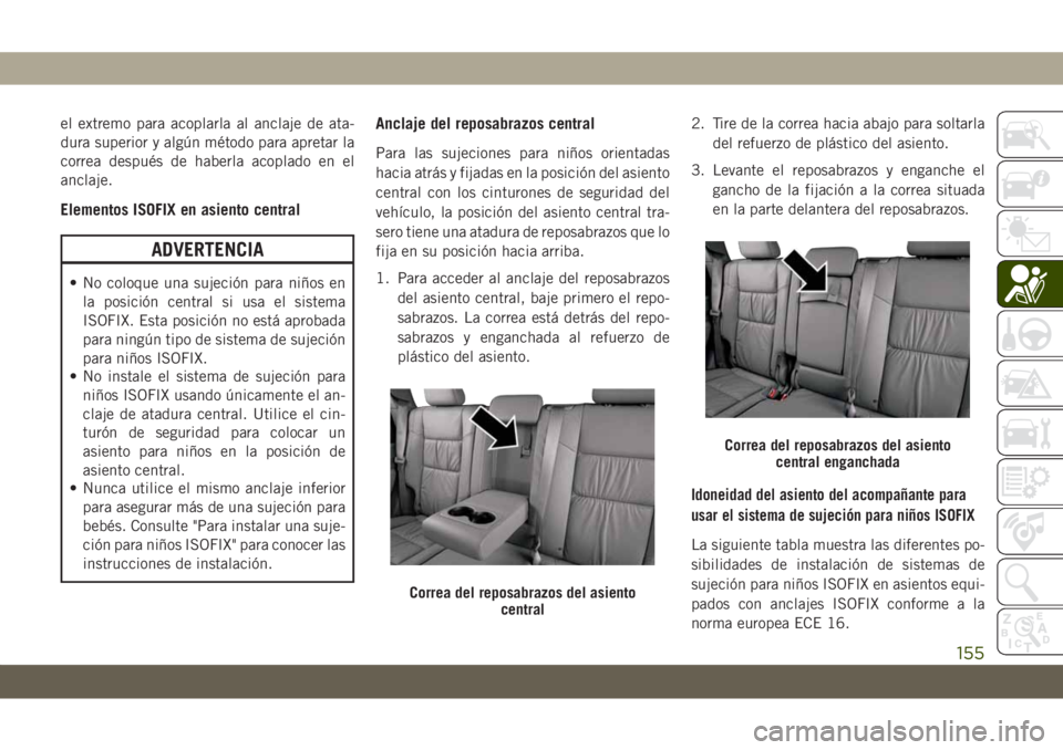 JEEP GRAND CHEROKEE 2021  Manual de Empleo y Cuidado (in Spanish) el extremo para acoplarla al anclaje de ata-
dura superior y algún método para apretar la
correa después de haberla acoplado en el
anclaje.
Elementos ISOFIX en asiento central
ADVERTENCIA
• No co