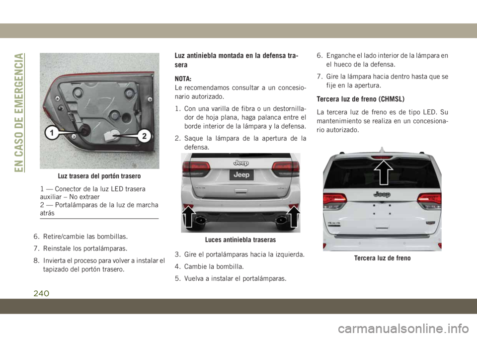 JEEP GRAND CHEROKEE 2020 Manual de Empleo y Cuidado (in Spanish) 6. Retire/cambie las bombillas.
7. Reinstale los portalámparas.
8. Invierta el proceso para volver a instalar el
tapizado del portón trasero.
Luz antiniebla montada en la defensa tra-
sera
NOTA:
Le JEEP GRAND CHEROKEE 2020 Manual de Empleo y Cuidado (in Spanish) 6. Retire/cambie las bombillas.
7. Reinstale los portalámparas.
8. Invierta el proceso para volver a instalar el
tapizado del portón trasero.
Luz antiniebla montada en la defensa tra-
sera
NOTA:
Le