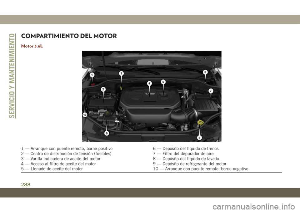 JEEP GRAND CHEROKEE 2021  Manual de Empleo y Cuidado (in Spanish) COMPARTIMIENTO DEL MOTOR
Motor 3.6L
1 — Arranque con puente remoto, borne positivo 6 — Depósito del líquido de frenos
2 — Centro de distribución de tensión (fusibles) 7 — Filtro del depura
