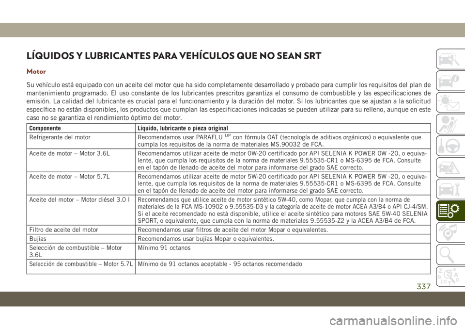 JEEP GRAND CHEROKEE 2021  Manual de Empleo y Cuidado (in Spanish) LÍQUIDOS Y LUBRICANTES PARA VEHÍCULOS QUE NO SEAN SRT
Motor
Su vehículo está equipado con un aceite del motor que ha sido completamente desarrollado y probado para cumplir los requisitos del plan 