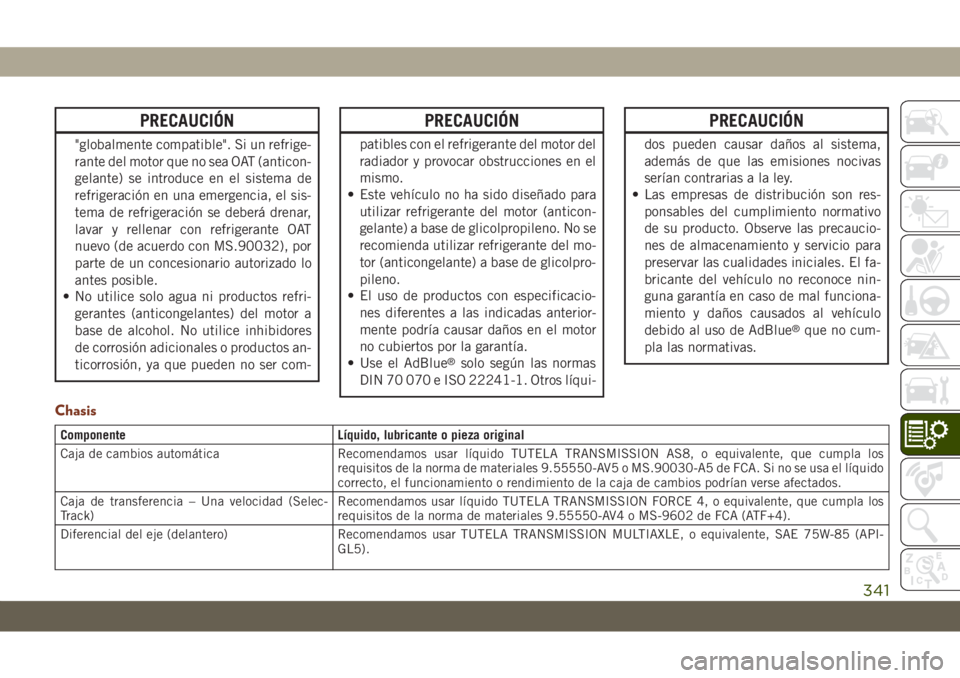 JEEP GRAND CHEROKEE 2020  Manual de Empleo y Cuidado (in Spanish) PRECAUCIÓN
"globalmente compatible". Si un refrige-
rante del motor que no sea OAT (anticon-
gelante) se introduce en el sistema de
refrigeración en una emergencia, el sis-
tema de refrigera