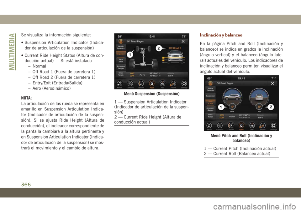 JEEP GRAND CHEROKEE 2020  Manual de Empleo y Cuidado (in Spanish) Se visualiza la información siguiente:
• Suspension Articulation Indicator (Indica-
dor de articulación de la suspensión)
• Current Ride Height Status (Altura de con-
ducción actual) — Si es