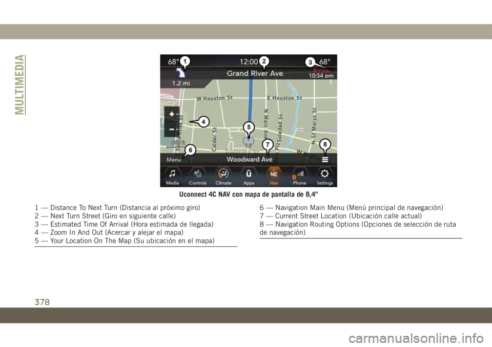 JEEP GRAND CHEROKEE 2021 Manual de Empleo y Cuidado (in Spanish) Uconnect 4C NAV con mapa de pantalla de 8,4"
1 — Distance To Next Turn (Distancia al próximo giro)
2 — Next Turn Street (Giro en siguiente calle)
3 — Estimated Time Of Arrival (Hora estimad JEEP GRAND CHEROKEE 2021 Manual de Empleo y Cuidado (in Spanish) Uconnect 4C NAV con mapa de pantalla de 8,4"
1 — Distance To Next Turn (Distancia al próximo giro)
2 — Next Turn Street (Giro en siguiente calle)
3 — Estimated Time Of Arrival (Hora estimad