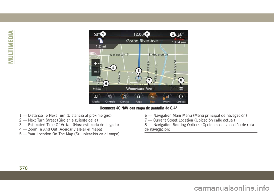 JEEP GRAND CHEROKEE 2020  Manual de Empleo y Cuidado (in Spanish) Uconnect 4C NAV con mapa de pantalla de 8,4"
1 — Distance To Next Turn (Distancia al próximo giro)
2 — Next Turn Street (Giro en siguiente calle)
3 — Estimated Time Of Arrival (Hora estimad