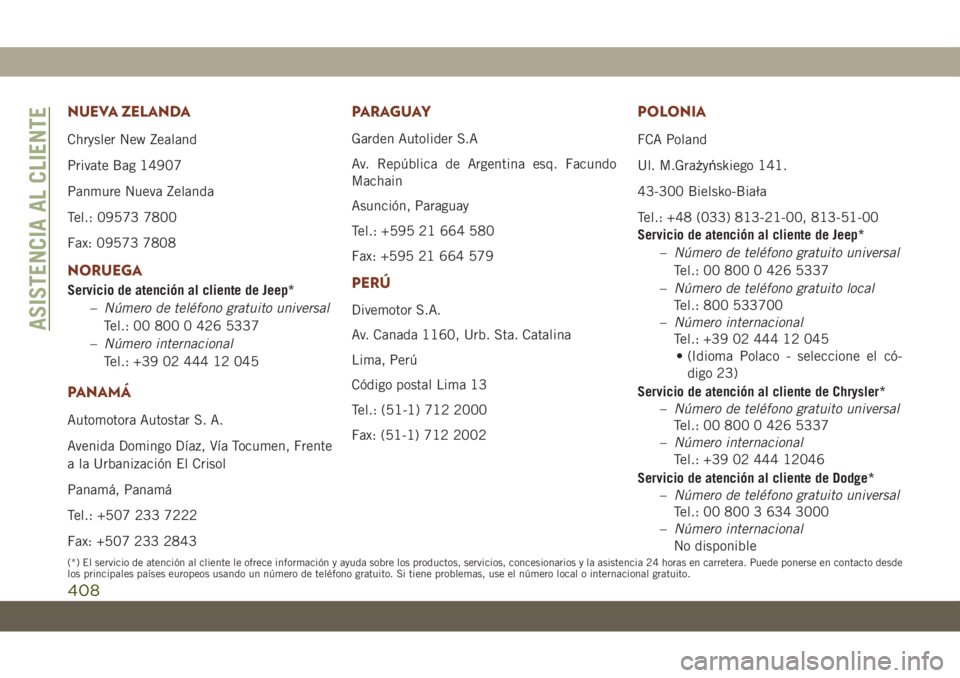 JEEP GRAND CHEROKEE 2020  Manual de Empleo y Cuidado (in Spanish) NUEVA ZELANDA
Chrysler New Zealand
Private Bag 14907
Panmure Nueva Zelanda
Tel.: 09573 7800
Fax: 09573 7808
NORUEGA
Servicio de atención al cliente de Jeep*
–Número de teléfono gratuito universal
