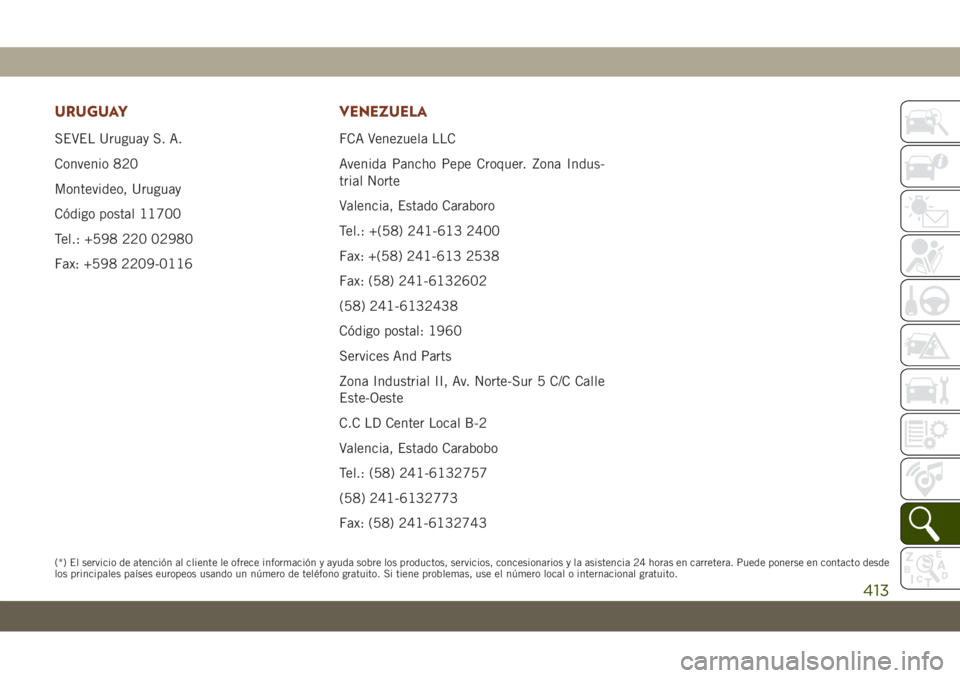 JEEP GRAND CHEROKEE 2020  Manual de Empleo y Cuidado (in Spanish) URUGUAY
SEVEL Uruguay S. A.
Convenio 820
Montevideo, Uruguay
Código postal 11700
Tel.: +598 220 02980
Fax: +598 2209-0116
VENEZUELA
FCA Venezuela LLC
Avenida Pancho Pepe Croquer. Zona Indus-
trial No
