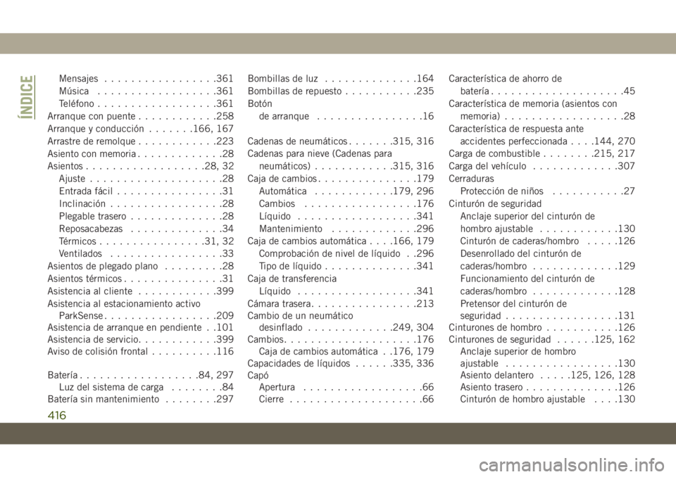 JEEP GRAND CHEROKEE 2019  Manual de Empleo y Cuidado (in Spanish) Mensajes.................361
Música..................361
Teléfono..................361
Arranque con puente............258
Arranque y conducción.......166, 167
Arrastre de remolque............223
As
