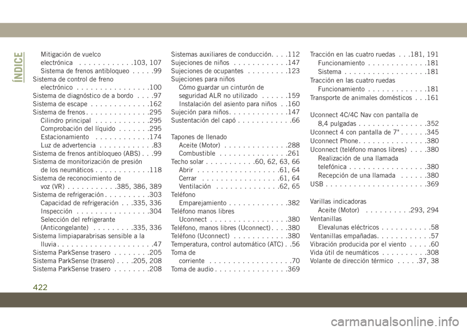 JEEP GRAND CHEROKEE 2019  Manual de Empleo y Cuidado (in Spanish) Mitigación de vuelco
electrónica............103, 107
Sistema de frenos antibloqueo.....99
Sistema de control de freno
electrónico................100
Sistema de diagnóstico de a bordo....97
Sistema