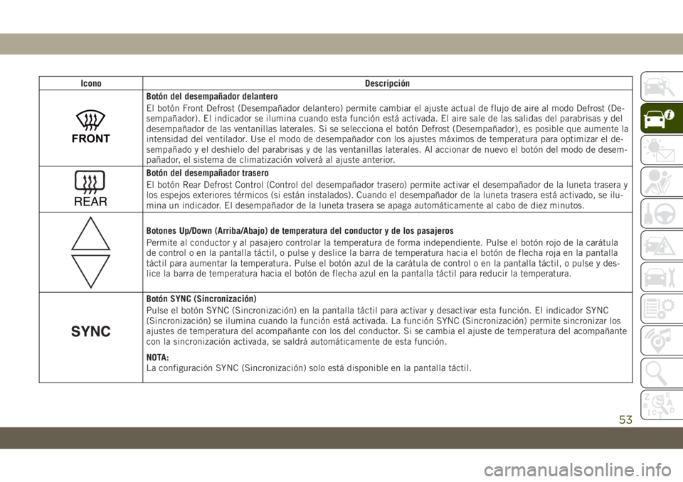 JEEP GRAND CHEROKEE 2019  Manual de Empleo y Cuidado (in Spanish) Icono Descripción
FRONT
Botón del desempañador delantero
El botón Front Defrost (Desempañador delantero) permite cambiar el ajuste actual de flujo de aire al modo Defrost (De-
sempañador). El in