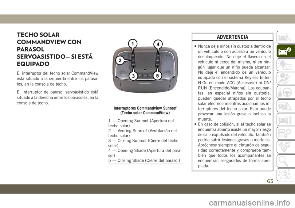 JEEP GRAND CHEROKEE 2020  Manual de Empleo y Cuidado (in Spanish) TECHO SOLAR
COMMANDVIEW CON
PARASOL
SERVOASISTIDO— SI ESTÁ
EQUIPADO
El interruptor del techo solar CommandView
está situado a la izquierda entre los paraso-
les, en la consola de techo.
El interru