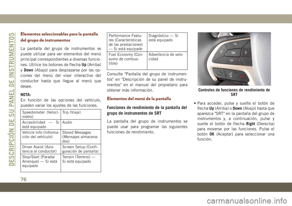 JEEP GRAND CHEROKEE 2021 Manual de Empleo y Cuidado (in Spanish) Elementos seleccionables para la pantalla
del grupo de instrumentos
La pantalla del grupo de instrumentos se
puede utilizar para ver elementos del menú
principal correspondientes a diversas funcio-
n JEEP GRAND CHEROKEE 2021 Manual de Empleo y Cuidado (in Spanish) Elementos seleccionables para la pantalla
del grupo de instrumentos
La pantalla del grupo de instrumentos se
puede utilizar para ver elementos del menú
principal correspondientes a diversas funcio-
n