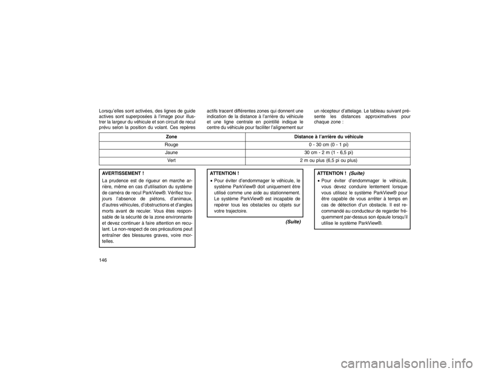 JEEP GRAND CHEROKEE 2016  Notice dentretien (in French) Lorsqu’elles sont activées, des lignes de guide
actives sont superposées à l’image pour illus-
trer la largeur du véhicule et son circuit de recul
prévu selon la position du volant. Ces repè
