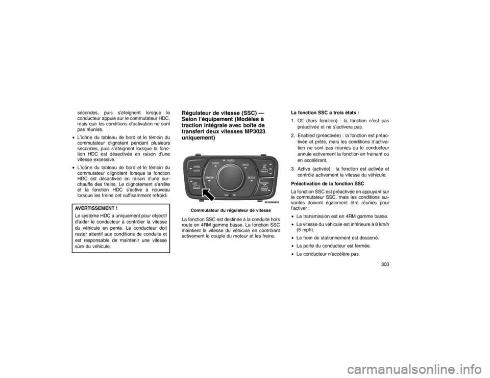 JEEP GRAND CHEROKEE 2016  Notice dentretien (in French) secondes, puis s’éteignent lorsque le
conducteur appuie sur le commutateur HDC,
mais que les conditions d’activation ne sont
pas réunies.
 L’icône du tableau de bord et le témoin du
commuta