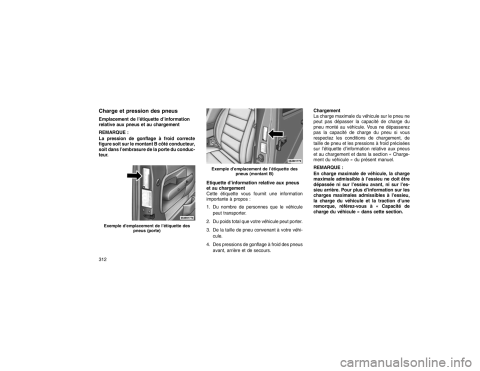 JEEP GRAND CHEROKEE 2016  Notice dentretien (in French) Charge et pression des pneusEmplacement de l’étiquette d’information
relative aux pneus et au chargement
REMARQUE :
La pression de gonflage à froid correcte
figure soit sur le montant B côté c