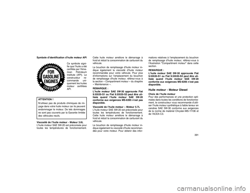 JEEP GRAND CHEROKEE 2016  Notice dentretien (in French) Symbole d’identification d’huile moteur APICe symbole signi-
fie que l’huile a été
certifiée par l’Ame-
rican Petroleum
Institute (API). Le
constructeur re-
commande uni-
quement les huiles
