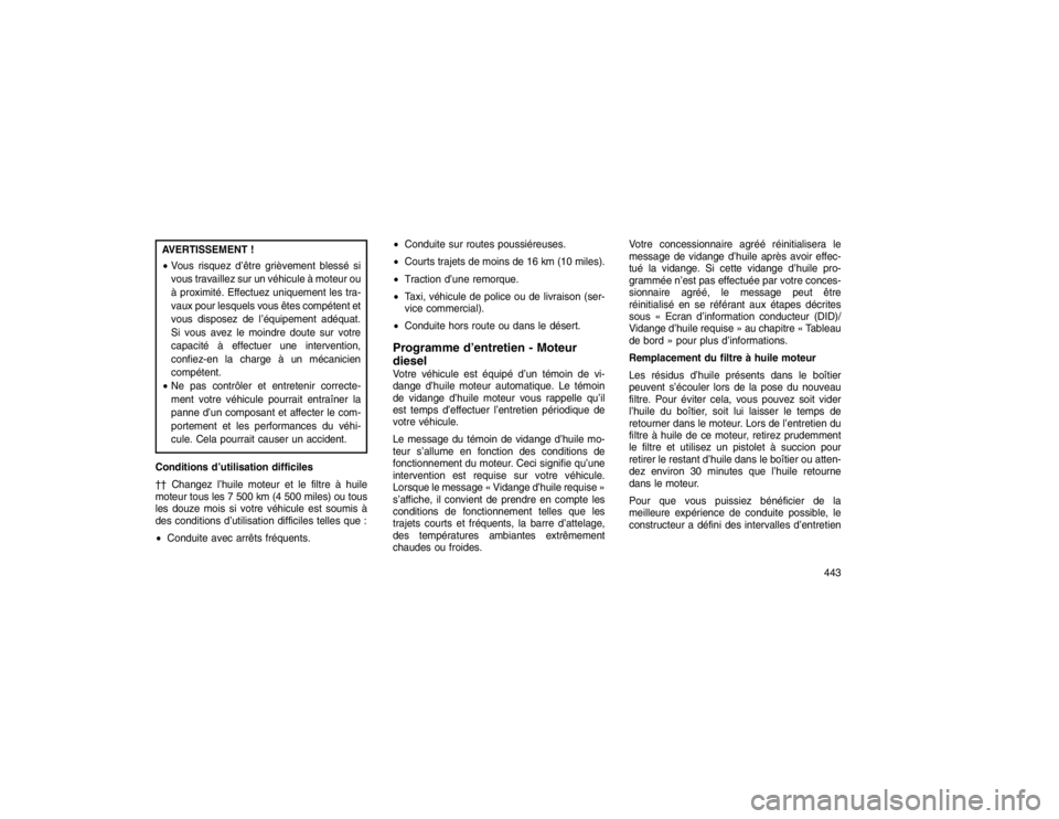 JEEP GRAND CHEROKEE 2016 Notice dentretien (in French) AVERTISSEMENT !
Vous risquez d’être grièvement blessé si
vous travaillez sur un véhicule à moteur ou
à proximité. Effectuez uniquement les tra-
vaux pour lesquels vous êtes compétent et
vo JEEP GRAND CHEROKEE 2016 Notice dentretien (in French) AVERTISSEMENT !
Vous risquez d’être grièvement blessé si
vous travaillez sur un véhicule à moteur ou
à proximité. Effectuez uniquement les tra-
vaux pour lesquels vous êtes compétent et
vo