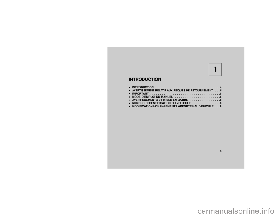 JEEP GRAND CHEROKEE 2015  Notice dentretien (in French) 1
INTRODUCTION
 INTRODUCTION . . . . . . . . . . . . . . . . . . . . . . . . . . . . . . .4

AVERTISSEMENT RELATIF AUX RISQUES DE RETOURNEMENT . . .5 IMPORTANT . . . . . . . . . . . . . . . . . . .