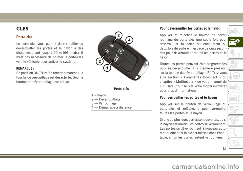 JEEP GRAND CHEROKEE 2017 Notice dentretien (in French) CLES
Porte-clés
Le porte-clés vous permet de verrouiller ou
déverrouiller les portes et le hayon à des
distances allant jusqu'Ã 20 m (66 pieds). Il
n'est pas nécessaire de pointer le por JEEP GRAND CHEROKEE 2017 Notice dentretien (in French) CLES
Porte-clés
Le porte-clés vous permet de verrouiller ou
déverrouiller les portes et le hayon à des
distances allant jusqu'Ã 20 m (66 pieds). Il
n'est pas nécessaire de pointer le por
