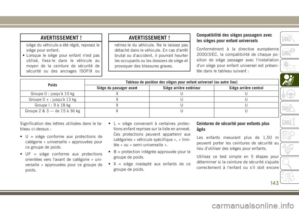 JEEP GRAND CHEROKEE 2017  Notice dentretien (in French) AVERTISSEMENT !
siège du véhicule a été réglé, reposez le
siège pour enfant.
• Lorsque le siège pour enfant n'est pas
utilisé, fixez-le dans le véhicule au
moyen de la ceinture de séc