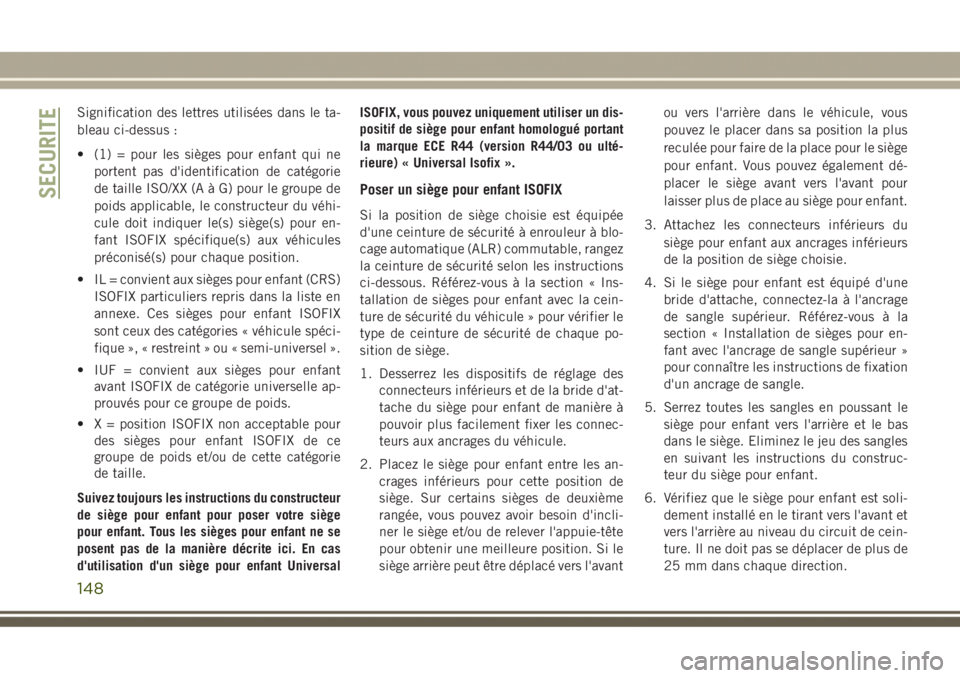 JEEP GRAND CHEROKEE 2017  Notice dentretien (in French) Signification des lettres utilisées dans le ta-
bleau ci-dessus :
• (1) = pour les sièges pour enfant qui ne
portent pas d'identification de catégorie
de taille ISO/XX (A à G) pour le groupe