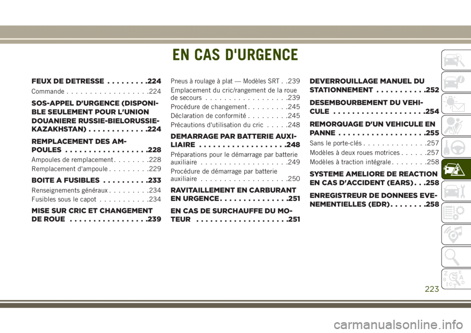 JEEP GRAND CHEROKEE 2017 Notice dentretien (in French) EN CAS D'URGENCE
FEUX DE DETRESSE.........224
Commande..................224
SOS-APPEL D'URGENCE (DISPONI-
BLE SEULEMENT POUR L'UNION
DOUANIERE RUSSIE-BIELORUSSIE-
KAZAKHSTAN).............2 JEEP GRAND CHEROKEE 2017 Notice dentretien (in French) EN CAS D'URGENCE
FEUX DE DETRESSE.........224
Commande..................224
SOS-APPEL D'URGENCE (DISPONI-
BLE SEULEMENT POUR L'UNION
DOUANIERE RUSSIE-BIELORUSSIE-
KAZAKHSTAN).............2