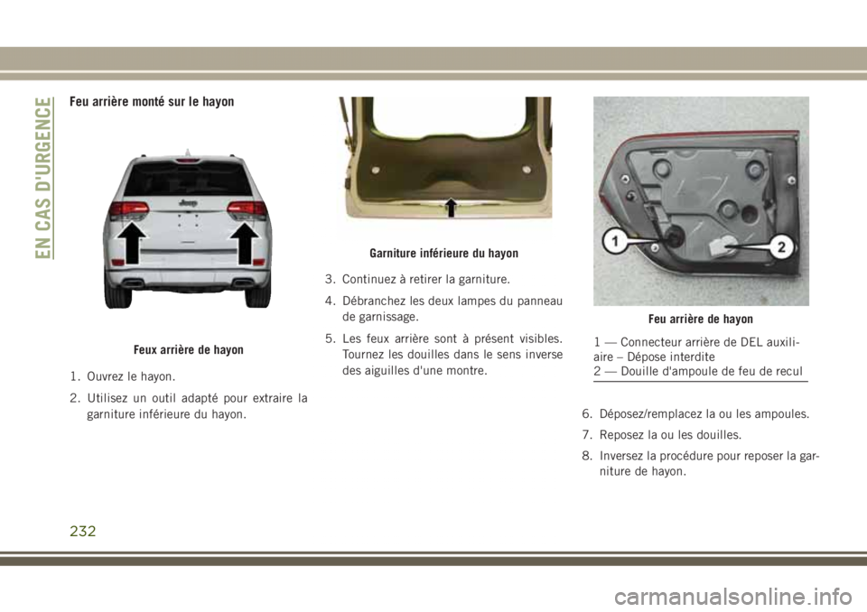 JEEP GRAND CHEROKEE 2017  Notice dentretien (in French) Feu arrière monté sur le hayon
1. Ouvrez le hayon.
2. Utilisez un outil adapté pour extraire la
garniture inférieure du hayon.3. Continuez à retirer la garniture.
4. Débranchez les deux lampes d