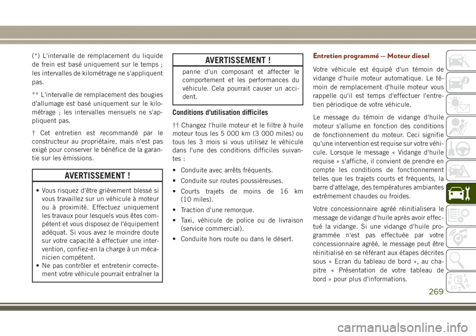JEEP GRAND CHEROKEE 2017  Notice dentretien (in French) (*) L'intervalle de remplacement du liquide
de frein est basé uniquement sur le temps ;
les intervalles de kilométrage ne s'appliquent
pas.
** L'intervalle de remplacement des bougies
d&