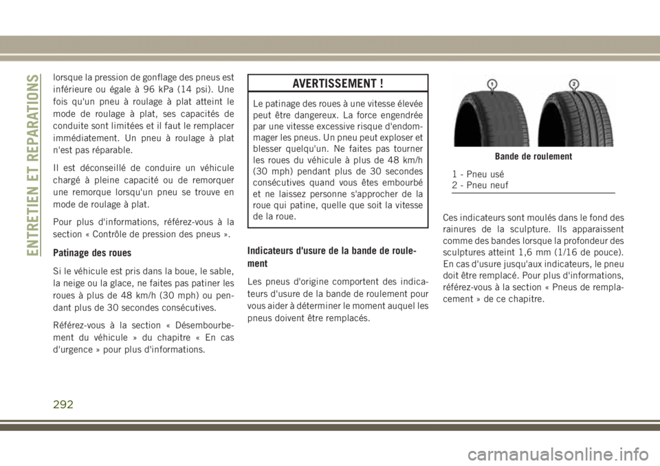 JEEP GRAND CHEROKEE 2017  Notice dentretien (in French) lorsque la pression de gonflage des pneus est
inférieure ou égale à 96 kPa (14 psi). Une
fois qu'un pneu à roulage à plat atteint le
mode de roulage à plat, ses capacités de
conduite sont l