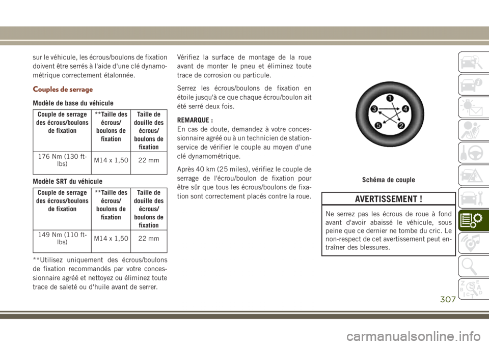 JEEP GRAND CHEROKEE 2017 Notice dentretien (in French) sur le véhicule, les écrous/boulons de fixation
doivent être serrés à l'aide d'une clé dynamo-
métrique correctement étalonnée.
Couples de serrage
Modèle de base du véhicule
Couple JEEP GRAND CHEROKEE 2017 Notice dentretien (in French) sur le véhicule, les écrous/boulons de fixation
doivent être serrés à l'aide d'une clé dynamo-
métrique correctement étalonnée.
Couples de serrage
Modèle de base du véhicule
Couple