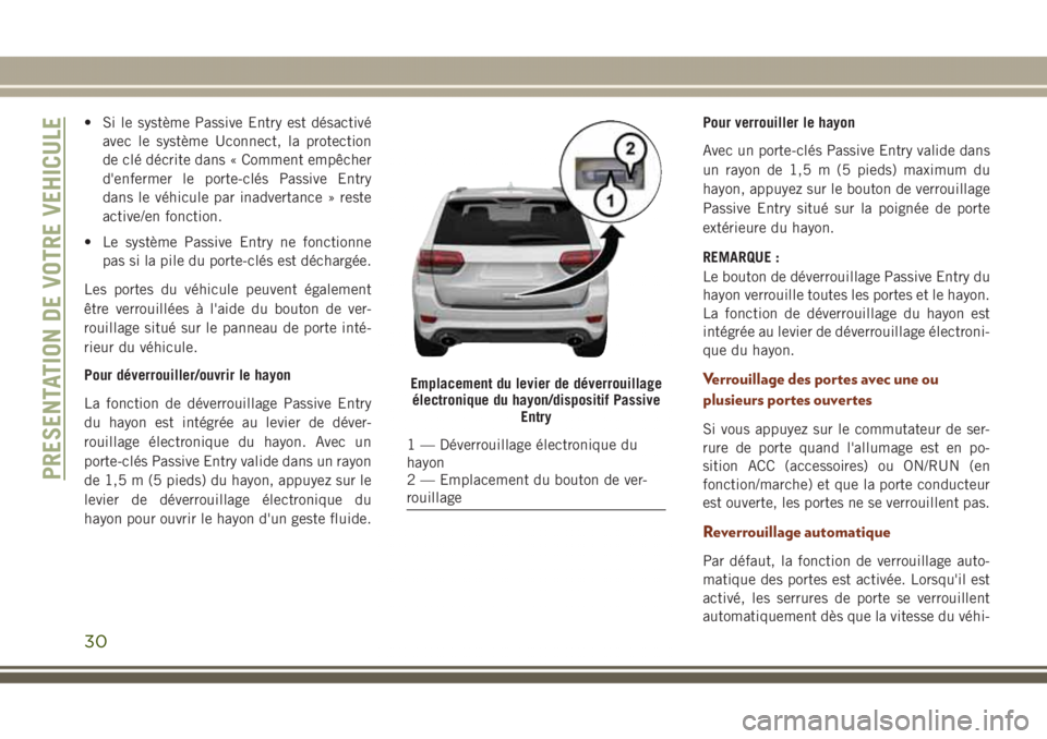 JEEP GRAND CHEROKEE 2017  Notice dentretien (in French) • Si le système Passive Entry est désactivé
avec le système Uconnect, la protection
de clé décrite dans « Comment empêcher
d'enfermer le porte-clés Passive Entry
dans le véhicule par i