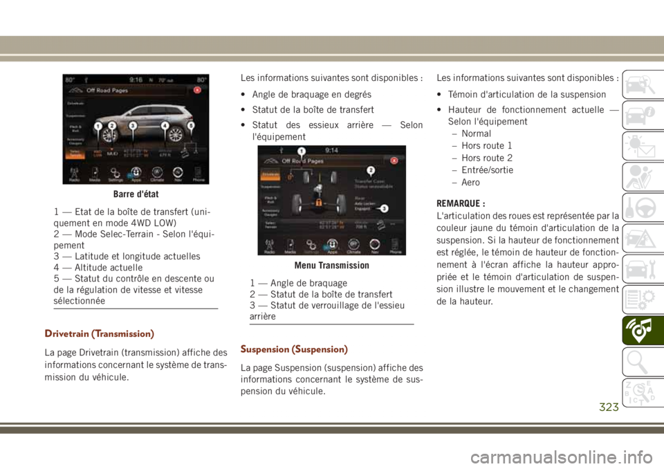 JEEP GRAND CHEROKEE 2017  Notice dentretien (in French) Drivetrain (Transmission)
La page Drivetrain (transmission) affiche des
informations concernant le système de trans-
mission du véhicule.Les informations suivantes sont disponibles :
• Angle de br