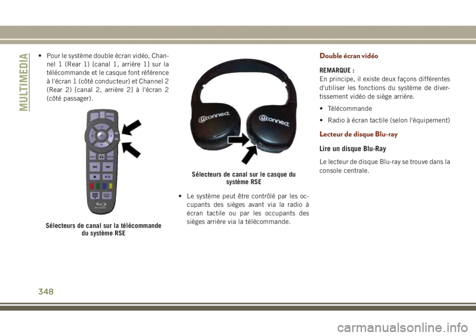 JEEP GRAND CHEROKEE 2017  Notice dentretien (in French) • Pour le système double écran vidéo, Chan-
nel 1 (Rear 1) [canal 1, arrière 1] sur la
télécommande et le casque font référence
à l'écran 1 (côté conducteur) et Channel 2
(Rear 2) [c