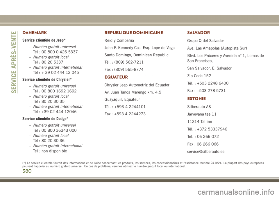 JEEP GRAND CHEROKEE 2017  Notice dentretien (in French) DANEMARK
Service clientèle de Jeep*
–Numéro gratuit universel
Tél : 00 800 0 426 5337
–Numéro gratuit local
Tél : 80 20 5337
–Numéro gratuit international
Tél:+390244412045
Service client
