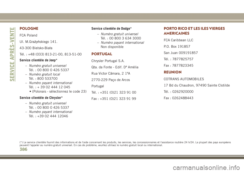 JEEP GRAND CHEROKEE 2017  Notice dentretien (in French) POLOGNE
FCA Poland
Ul. M.Grażyńskiego 141.
43-300 Bielsko-Biała
Tél. : +48 (033) 813-21-00, 813-51-00
Service clientèle de Jeep*
–Numéro gratuit universel
Tél. : 00 800 0 426 5337
–Numéro 