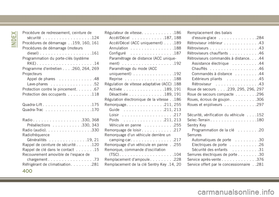 JEEP GRAND CHEROKEE 2017 Notice dentretien (in French) Procédure de redressement, ceinture de
sécurité..................124
Procédures de démarrage . .159, 160, 161
Procédures de démarrage (moteurs
diesel)...................161
Programmation du por JEEP GRAND CHEROKEE 2017 Notice dentretien (in French) Procédure de redressement, ceinture de
sécurité..................124
Procédures de démarrage . .159, 160, 161
Procédures de démarrage (moteurs
diesel)...................161
Programmation du por