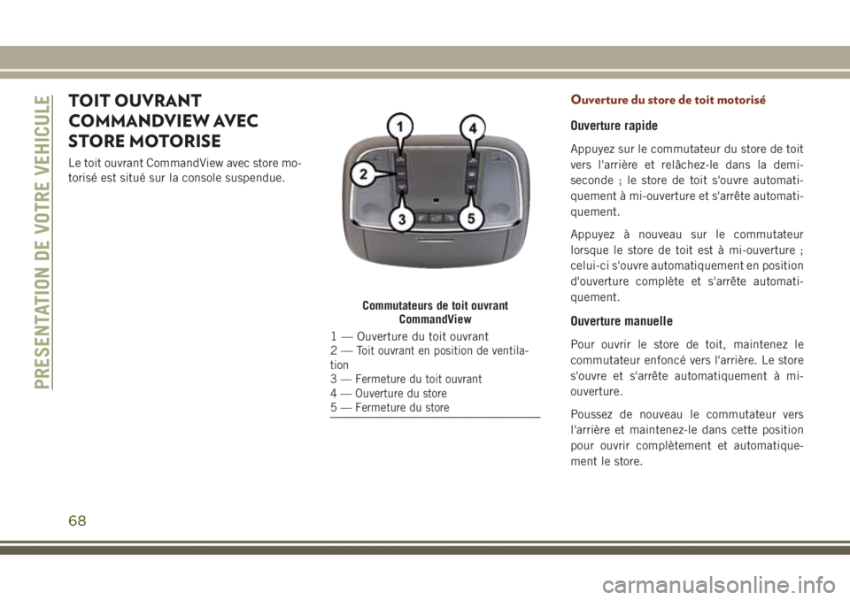 JEEP GRAND CHEROKEE 2017 Notice dentretien (in French) TOIT OUVRANT
COMMANDVIEW AVEC
STORE MOTORISE
Le toit ouvrant CommandView avec store mo-
torisé est situé sur la console suspendue.
Ouverture du store de toit motorisé
Ouverture rapide
Appuyez sur l JEEP GRAND CHEROKEE 2017 Notice dentretien (in French) TOIT OUVRANT
COMMANDVIEW AVEC
STORE MOTORISE
Le toit ouvrant CommandView avec store mo-
torisé est situé sur la console suspendue.
Ouverture du store de toit motorisé
Ouverture rapide
Appuyez sur l